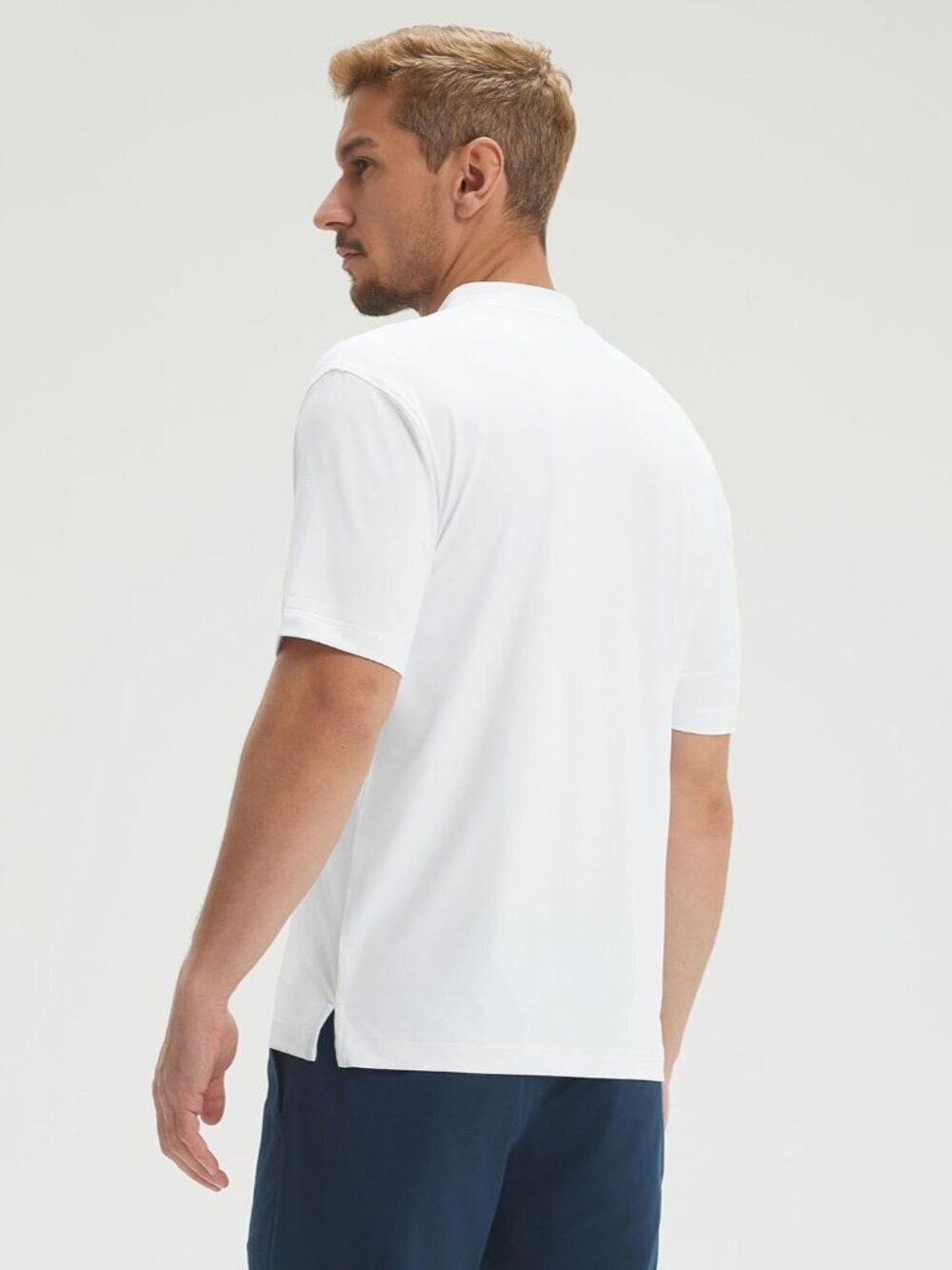 Men White Collarless Golf Shirt Short Sleeve Dry Fit Moisture Wicking Henley Tee - Picture 3 of 6
